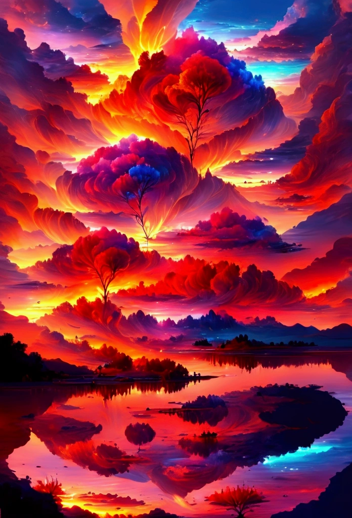 Have a beautiful sunset, The hills are covered with flowers and plants., The flowers are approaching, Colorful sky, Surreal colors, Colorful sunset, Colorful sky, Beautiful skyの反射, Beautiful sky, Fantastic atmosphere 8K, Multicolored clouds, Colored reflections on the lake, Unreal sky, Red and blue reflections, Fire Reflection, Beautiful sky, Beautiful and spectacular sunset, Beautiful dream landscape, Beautiful sky