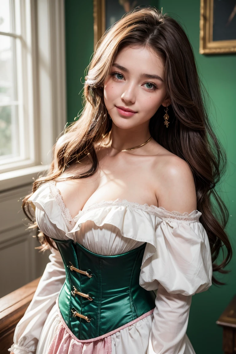 1 18th century girl, long dark wavy hair, medium and round chest evident in the off-the-shoulder neckline of the dress, drlight smile, skin detailed, pore, emerald green eyes, sunburned red cheeks, slightly pink plump lips, corselet highlighting the hourglass body. 