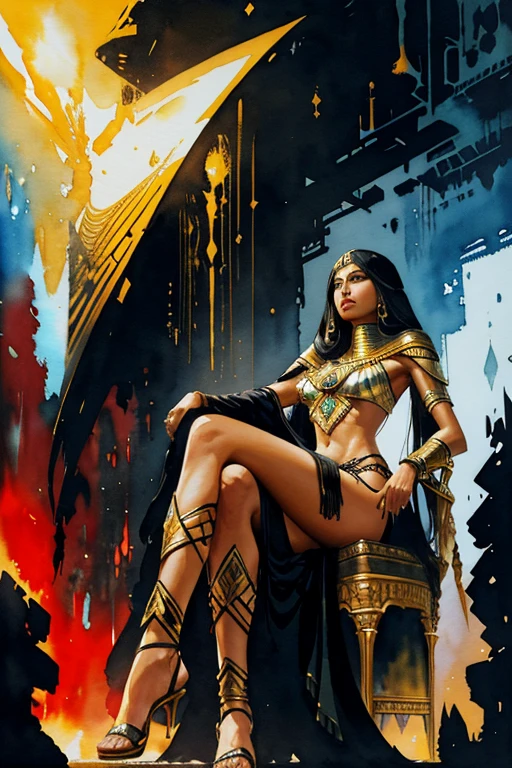 1 egyptian woman, (seductive), very long hair, , dark skin, closed mouth, looking at viewer, egyptian clothes, sitting on the throne , from below, crossed legs, gem,
fantasy, high contrast, ink strokes, explosions, over exposure,
impression , abstract, ((watercolor painting by John Berkey and Jeremy Mann)), brush strokes, negative space, good anatomy, good proportions, good architecture, realistic:1.25,
centered, high detail, high resolution, 8k, stunning, beautiful, perfect body,  Style-Hamunaptra:0.4,