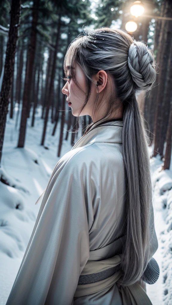 Snow Woman、Gray Hair、White kimono、long hair、cry、tears、Back view、Pale skin、forest、night