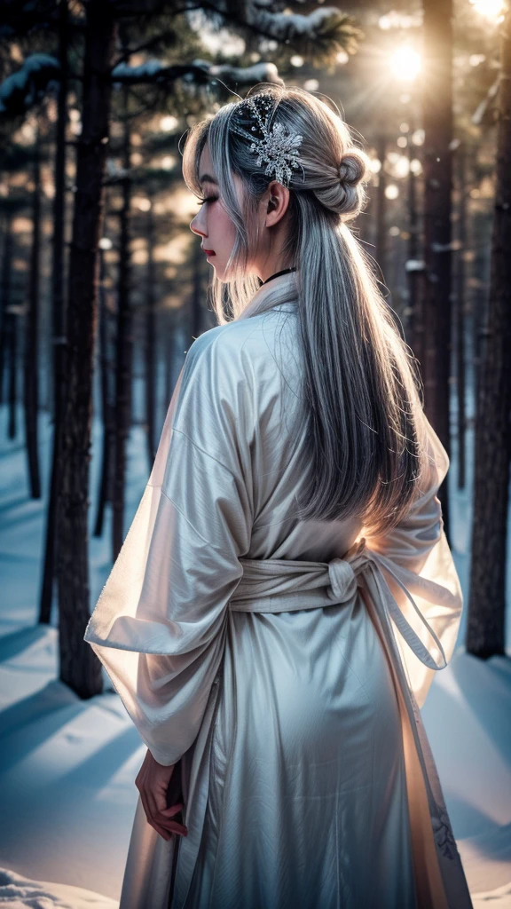 Snow Woman、Gray Hair、White kimono、long hair、cry、tears、Back view、Pale skin、forest、night