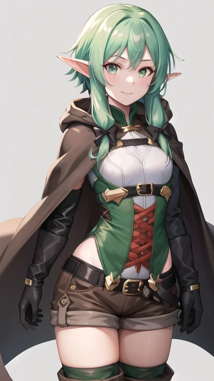 masterpiece, best quality, highres, 1girl, elf, pointy ears, green hair, long hair, green eyes, hair bow, black gloves, brown shorts, sidelocks, cloak, green thighhighs, short shorts, belt, small breasts, cowboy shot, standing, smile, raised eyebrows