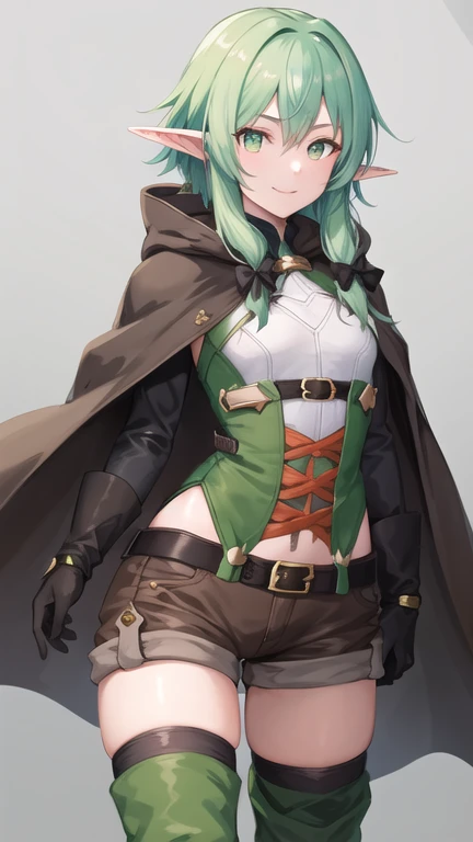 masterpiece, best quality, highres, 1girl, elf, pointy ears, green hair, long hair, green eyes, hair bow, black gloves, brown shorts, sidelocks, cloak, green thighhighs, short shorts, belt, small breasts, cowboy shot, standing, smile, raised eyebrows