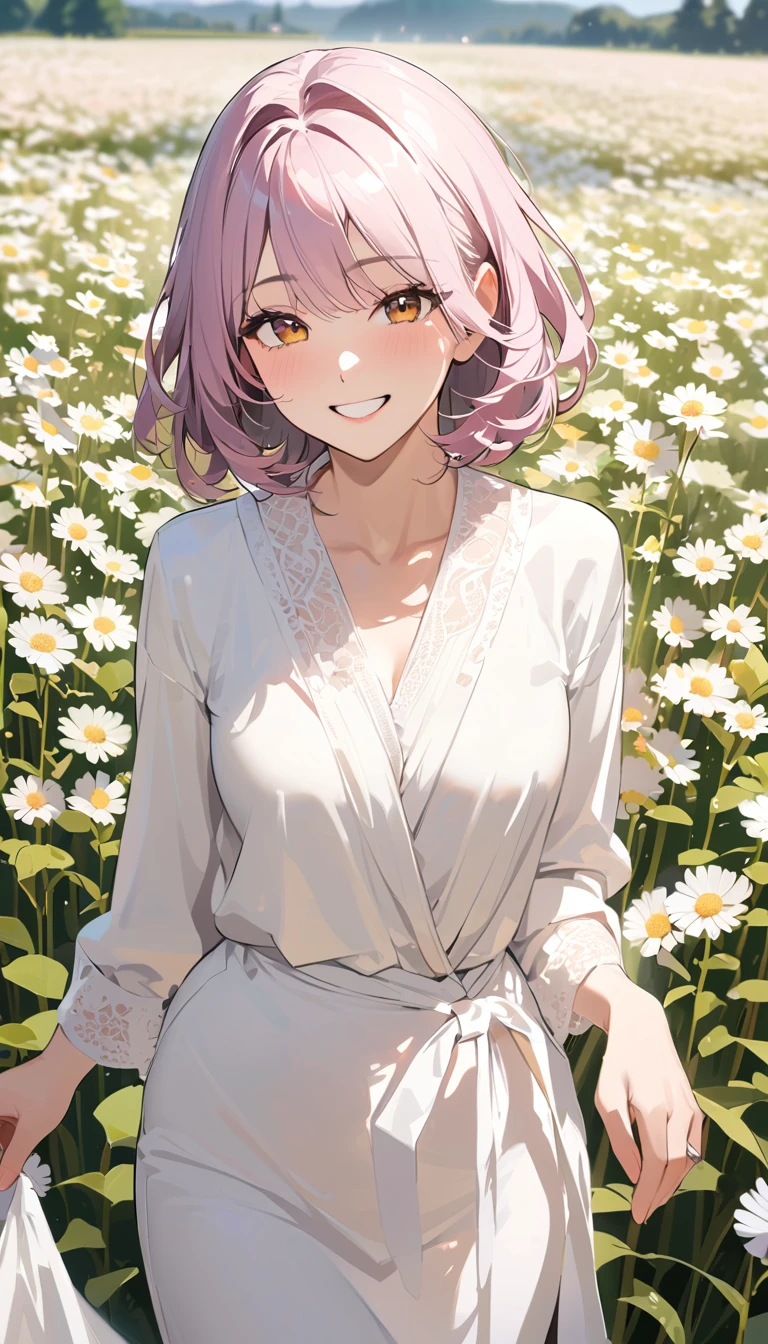 super detail, best quality, a woman ,　Full smile, Light-colored, neat clothing,　An atmosphere of joy ,Flower Field,Mature Woman,　(Crisp lines), cartoons