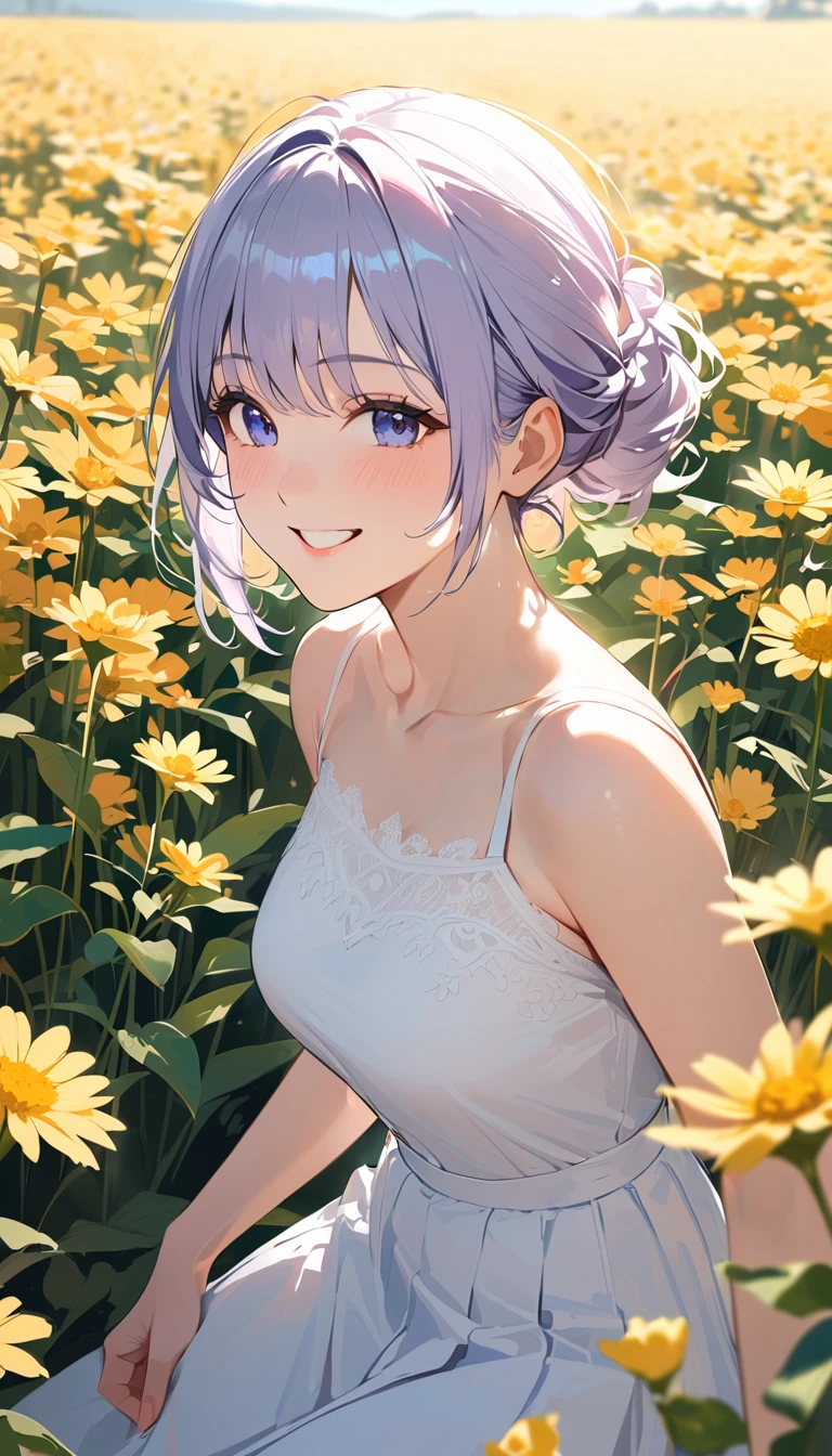 super detail, best quality, a woman , Full smile, Light-colored, neat clothing, An atmosphere of joy ,Flower Field,Mature Woman, (Crisp lines), cartoons