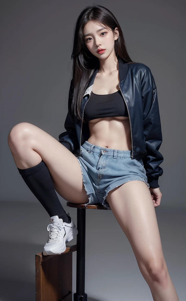 photograph of a 20 year old woman, face perfect, oGood de arte, Good, Underwear, blackw_Good, jaket, blackw_knickers