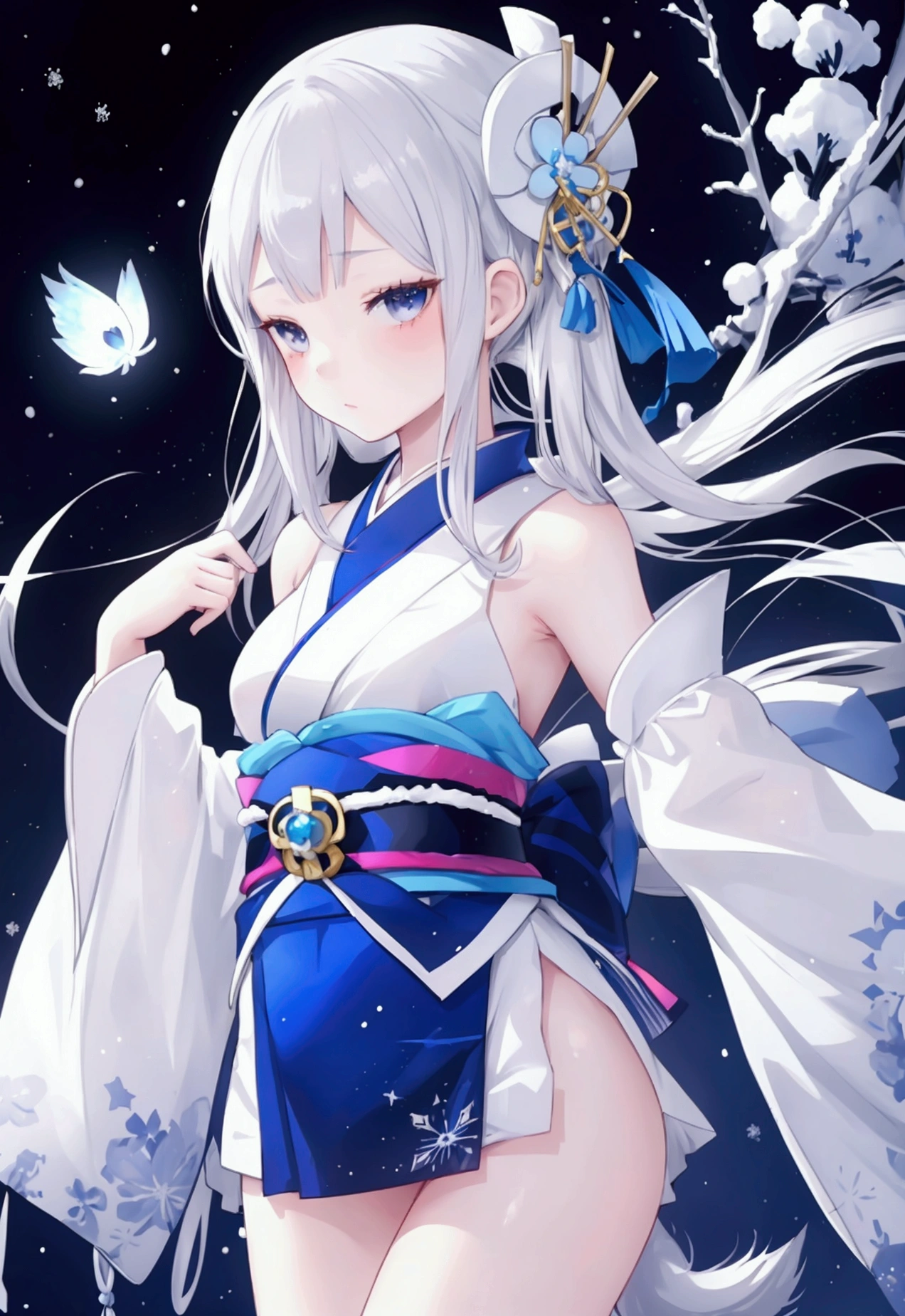 Cute snow woman girl, s old, Silver hair side tail, His shoulders are bare., black eye, White and blue kimono, Thin legs, Princess Yukiko