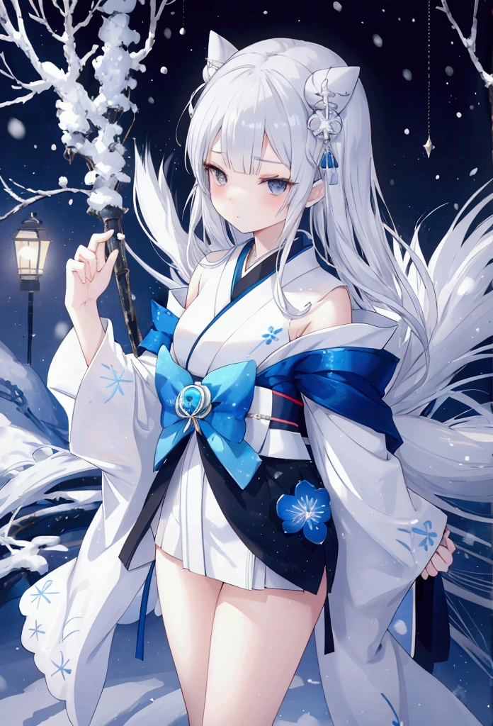 Cute snow woman girl, 16 years old, Silver hair side tail, His shoulders are bare., black eye, White and blue kimono, Thin legs, Princess Yukiko