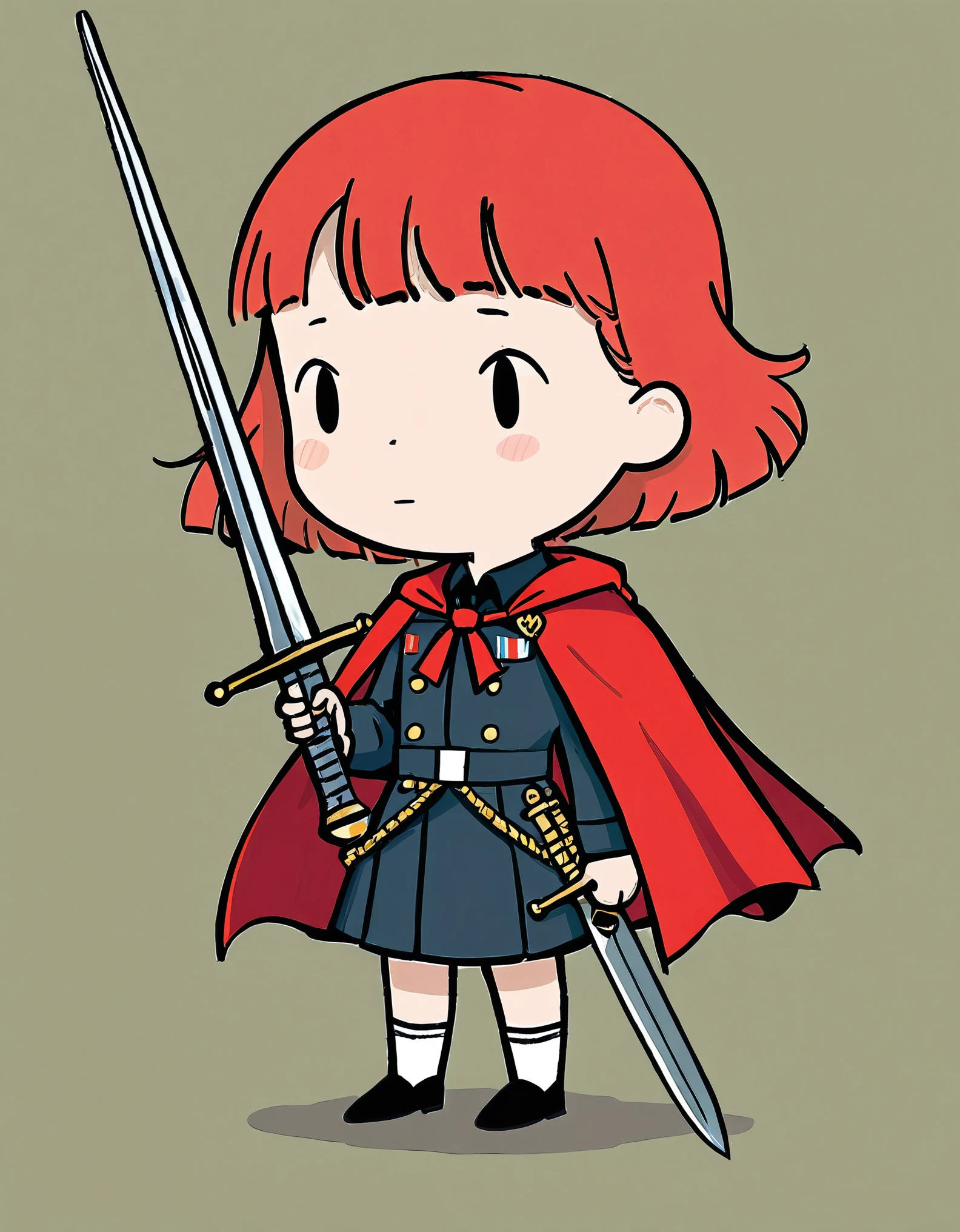 in style of Jean Jullien,cutest,1girl,holding a fancy rapier in his hand,military uniforms,neckwear_request,red general's cape,ribbon,