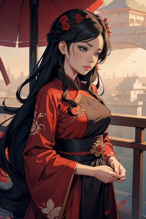 anime girl in a red and black dress with red flowers in her hair, artwork in the style of guweiz, Guweiz,  Chinesa, trends on cgstation, cute anime waifu in a beautiful dress, guweiz on pixiv artstation, Palace ， a girl in hanfu, beautiful digital art, Guweiz on Artstation Pixiv