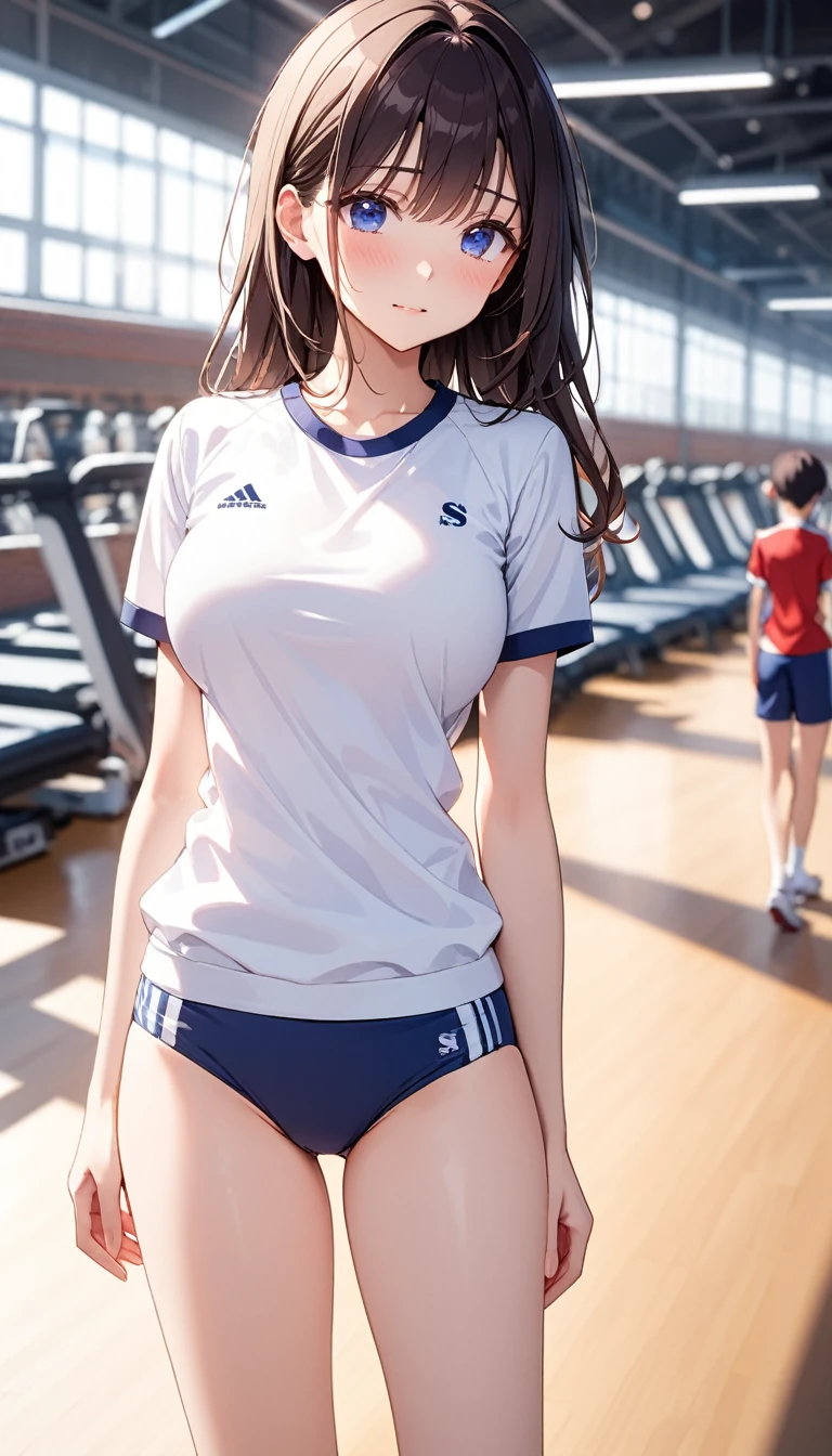 高いquality illustration, masterpiece, Very delicate and beautiful, Attractive girl,(White gym clothes、Navy blue underwear),thin,Slender body,slim、high school,Sports warehouse background,Princess, Beautiful Eyes,Embarrassed、blush、(masterpiece, Highest quality:1.2), High resolution, Very detailed CG ユニティ 8k 壁紙, Perfect lighting, colorful, 超High resolution,4K,Very detailed, photograph, 8k, High resolutionolution, 17 years old、Big Breasts