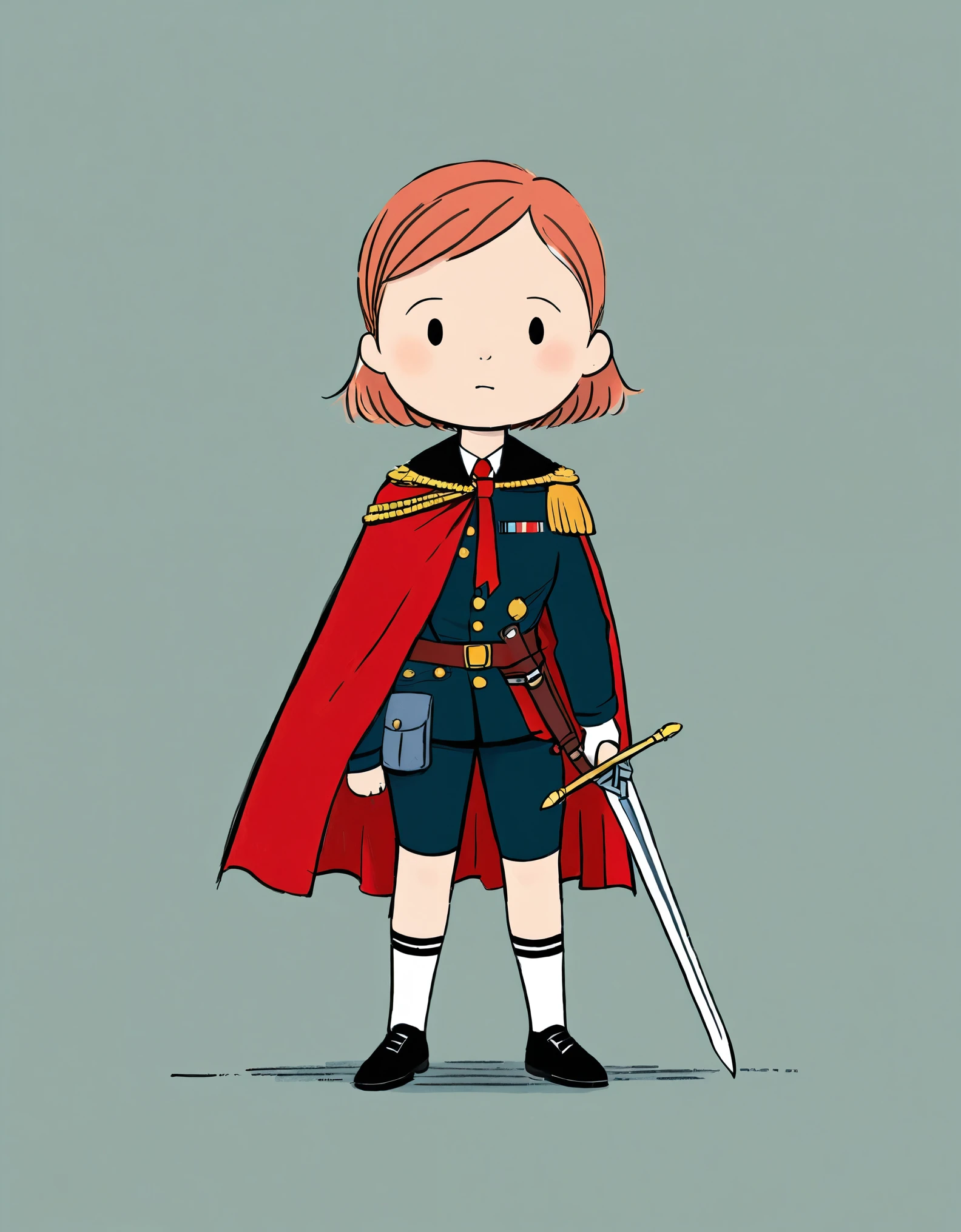 in style of Jean Jullien，cutest，1girl,holding a fancy rapier in his hand,military uniforms,neckwear_request,red general's cape,ribbon,