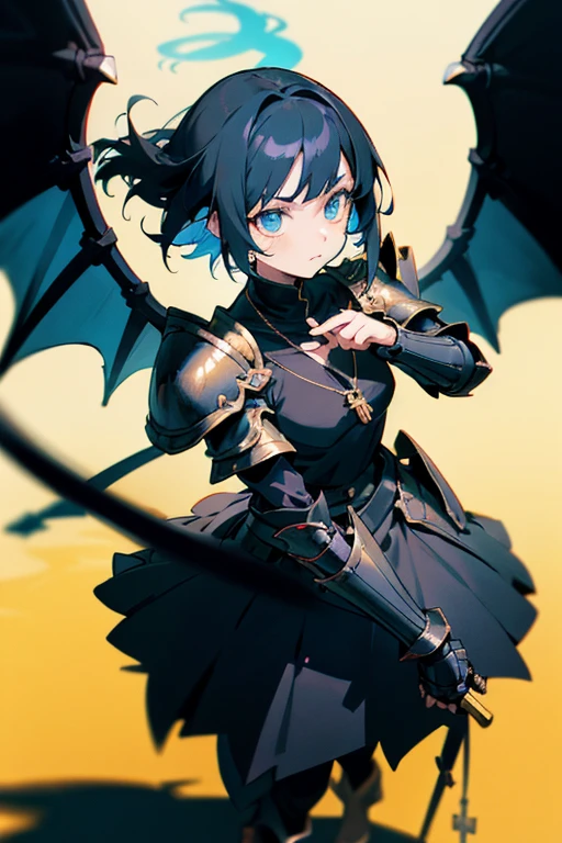 dragon girl with wings, background shadow covered girl, covered in shadows, lack shadows in background Anime girls, carrying katana, anime, short black hair with neon blue highlights, hair is above shoulder height, smooth beautiful, 4k, anime art, pendant on hair, cross t necklace, vivid black dress, battle armor golden armor, little clothing