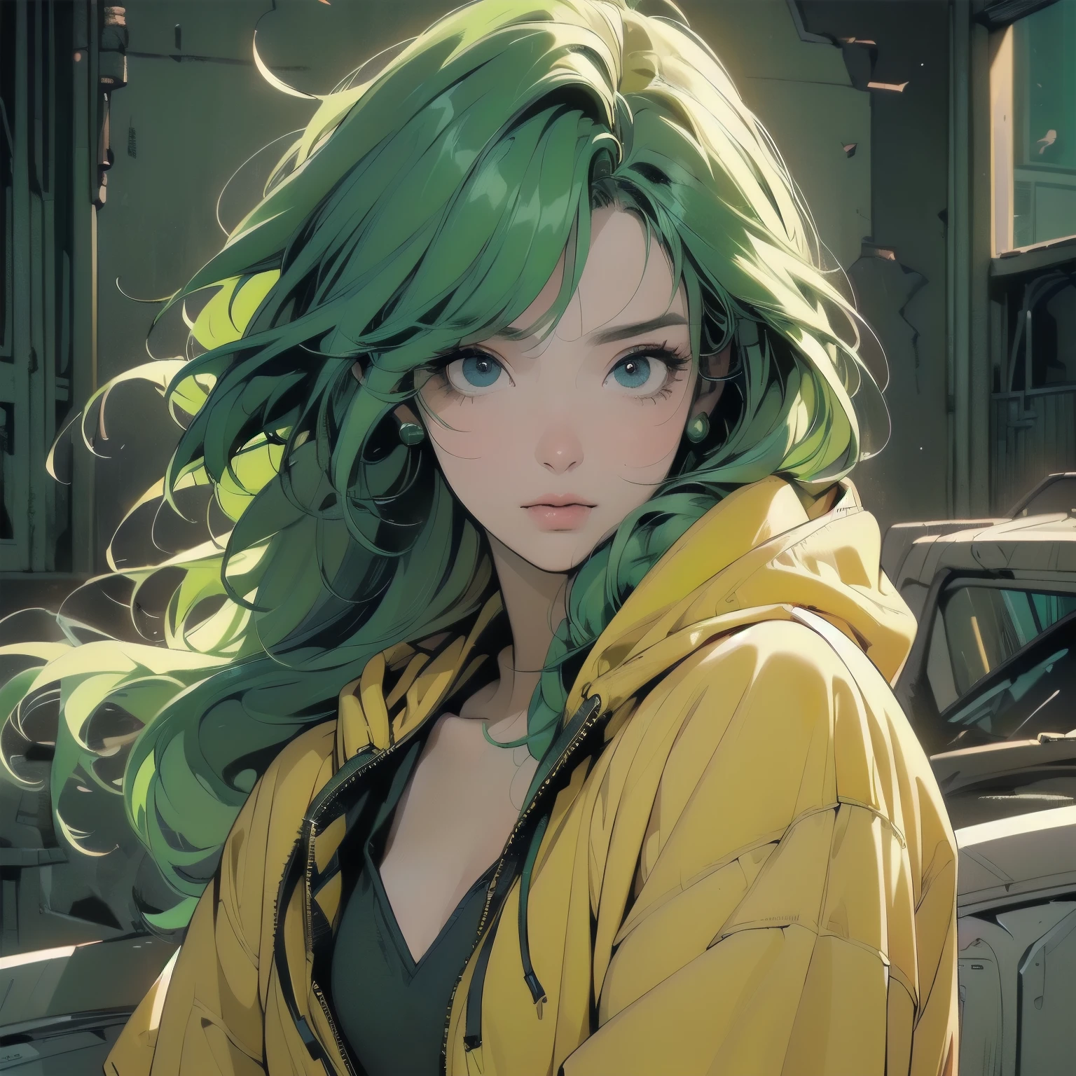 (((Fisheye Lens))), Superior quality, masterpiece, 32K, Depth of written boundary, Complex background、(((Strong light))), Panorama, Long Shot, Backlight, (((Very dull color))),(((One Woman))),  (((Extremely detailed backgrounds))), (((head shot))), Ultra detailed hair, (((Faint lighting))),(((A variety of unique hairstyles))), ((((Different angles)))), (((The wind is blowing))),(((Light on the face.))),(((Flat Chest))),Spacesuit,(((mysterious))),Destroyed city,Beautiful face like a goddess、Perfect Face、(((Dilapidated abandoned apartment)))、(((Wear a yellow hood)))、(((Green Hair)))