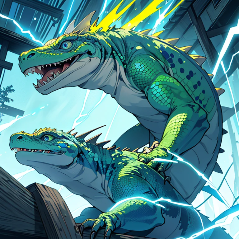 There is a terrible lizard, It is green with blue stripes, has bright blue eyes + wooden electricity pole with loose cables. Electrical cables connect to the lizard causing small sparks, the aura of the design being scary with a touch of mystery. Image Background[offwhite, yellow].