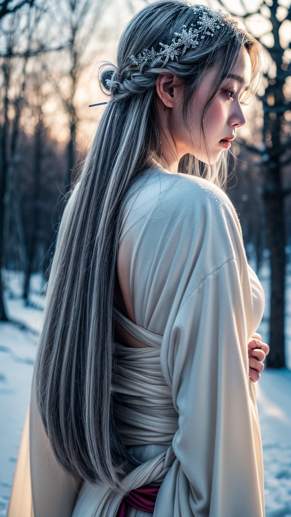 Snow Woman、Gray Hair、White kimono、long hair、cry、tears、Back view、Pale skin、forest、night、Starry Sky