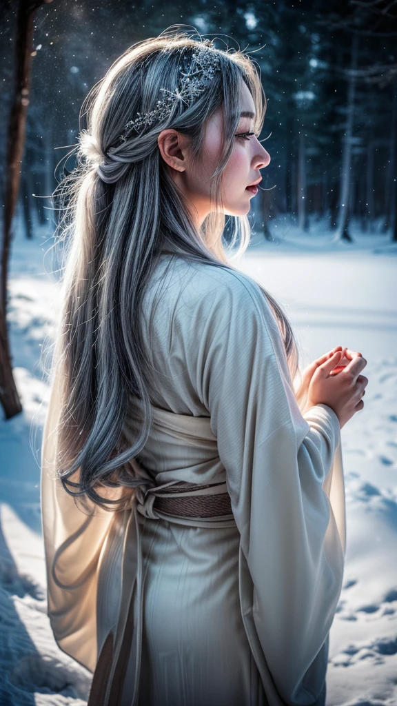 Snow Woman、Gray Hair、White kimono、long hair、cry、tears、Back view、Pale skin、forest、night、Starry Sky