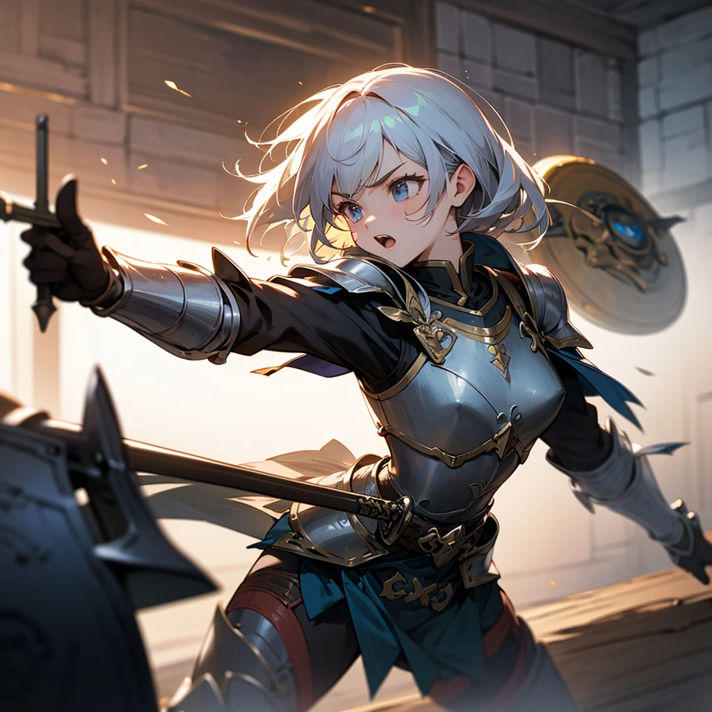 high resolution、Brave warrior girl、Fight with a roar。Cool mithril armor、sword、shield、Boldly slashing pose。
Fantasy。