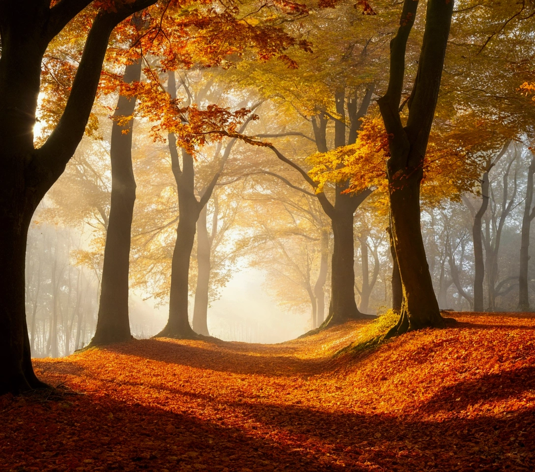 best quality,Extremely detailed,Practical,landscape,autumn,Beautiful warm colors,Sunlight shines through the trees,vibrant foliage,Peaceful atmosphere,fresh air,Fine mist,Fallen leaves cover the earth,Sunlight shines through the canopy,Dappled Light,Silence,Sturdy trunk,Majestic branches reaching toward the sky,Fallen leaves floating gently in the air,Delicate autumn leaves dancing in the wind,Rich bark texture,Lovely orange tones,Red,and,Colorful foliage covers the forest floor,Rustling leaves,长满青苔的岩石and倒下的原木,Golden Hour Lighting,and平与安宁的氛围.