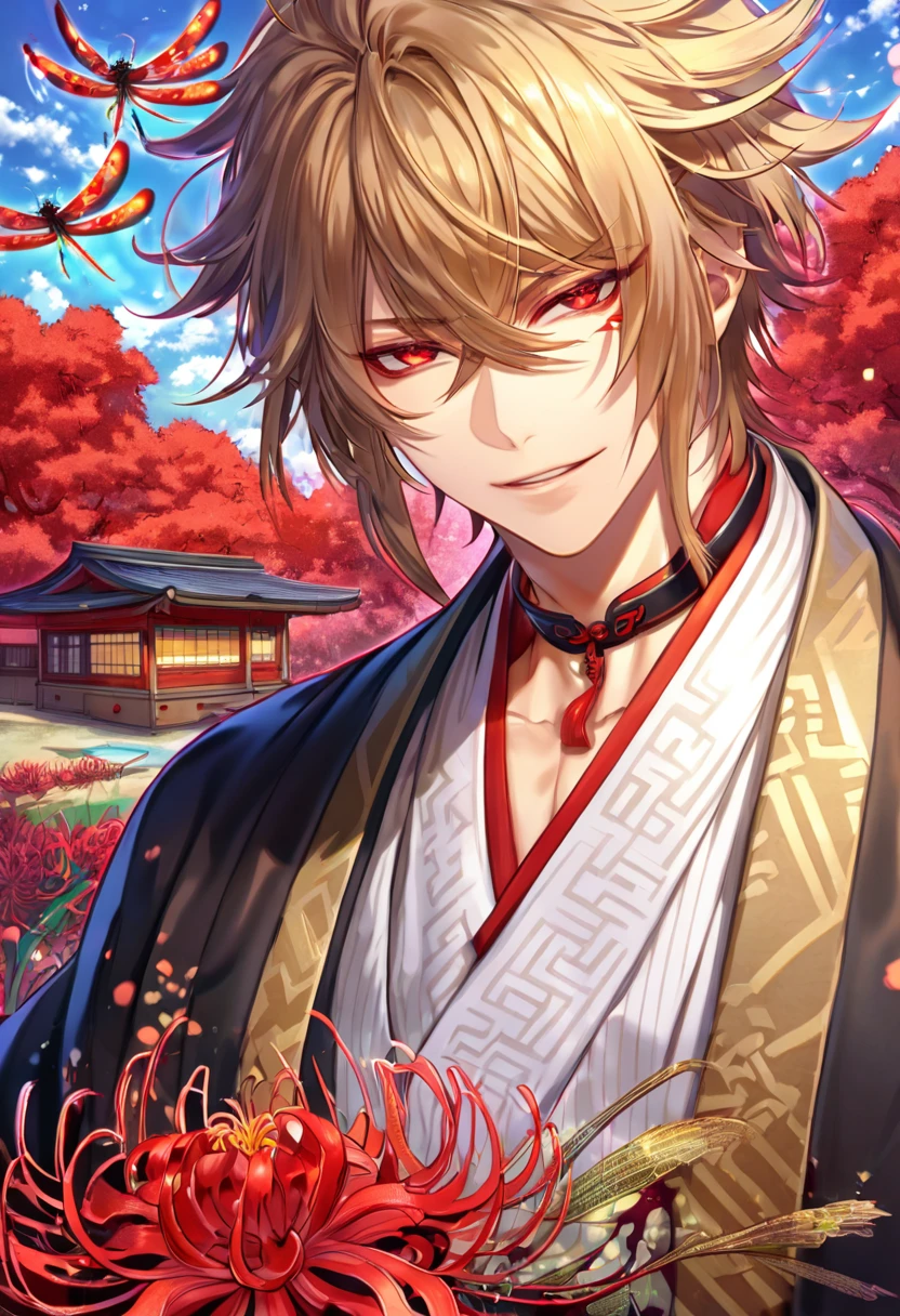 absurdres, highres, ultra detailed, HDR, master piece, best quality, detailed eyes, extremely detailed, delicated features, Kazama Chikage, dark blonde hair, expressive red eyes, Hakuouki, solo, sexy man, handsome, smile, white kimono, black haori, red collar, magical, fantasy, red spider lilies, red glittering dragonflies, red lanterns, traditional Japanese house, red trees