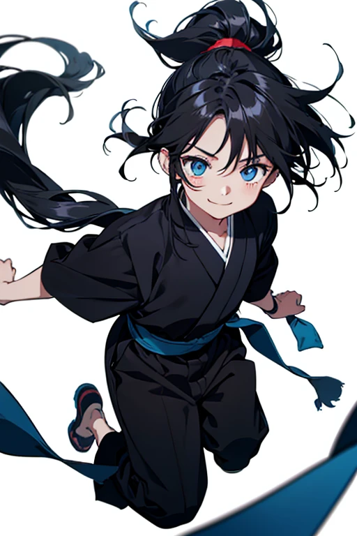 sight, Very long hair, Anatomically correct, ponytail, anime, , 5 years old, boy, High resolution, fall, jumping, Black Hair, Simple Background, smile, blue eyes, Shinto,