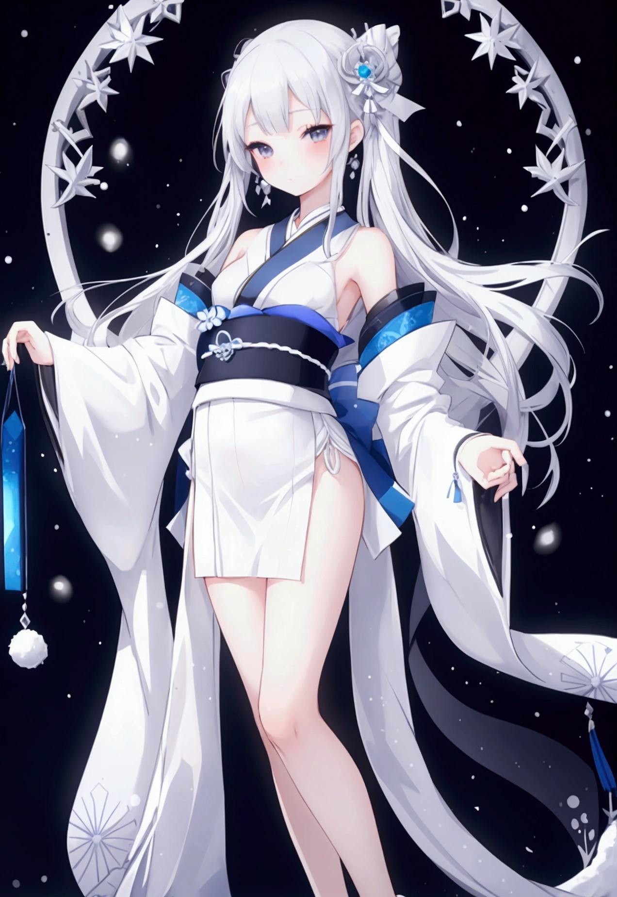 Cute snow woman girl, , Silver hair side tail, His shoulders are bare., black eye, White and blue kimono, Thin legs, Princess Yukiko