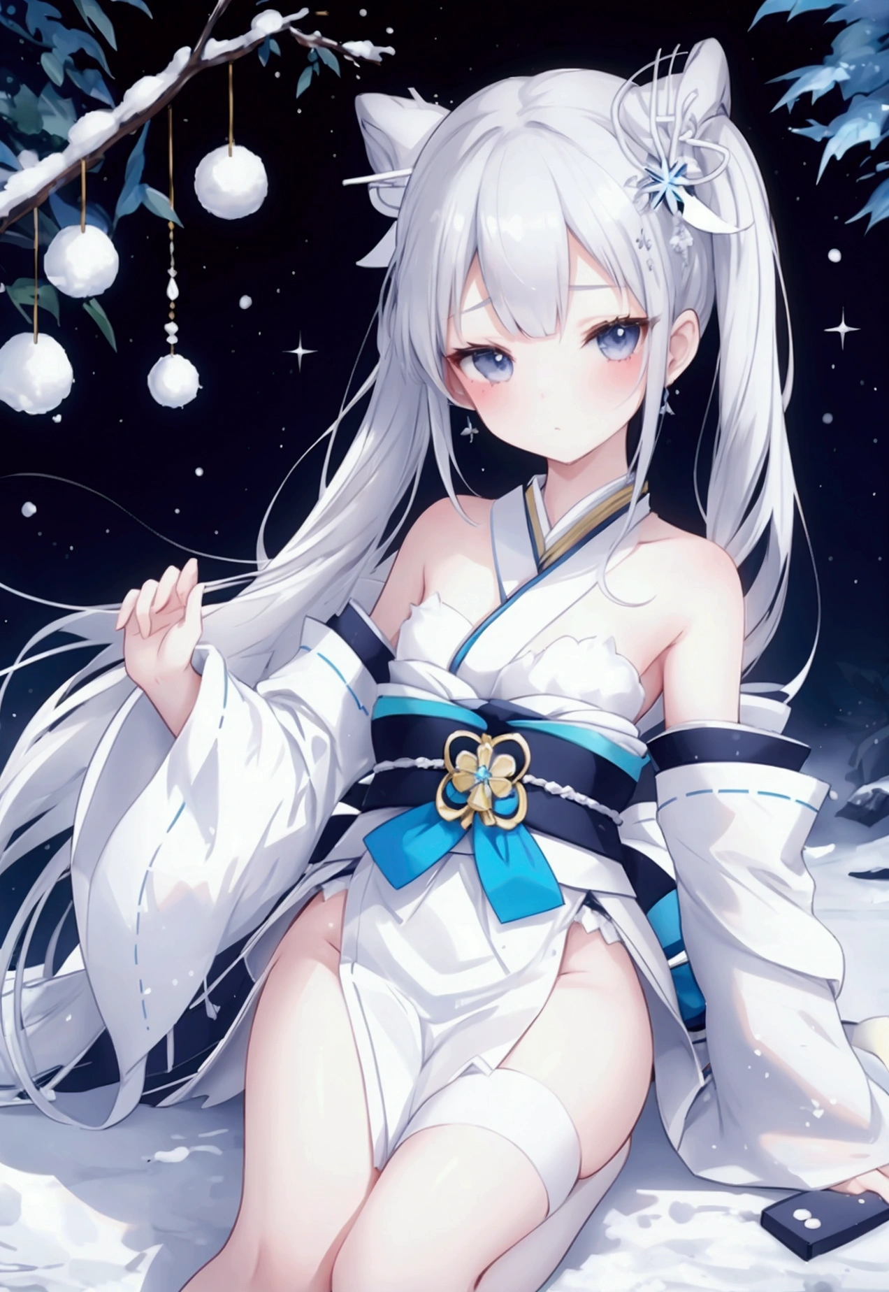 Cute snow woman girl, 16 years old, Silver hair side tail, His shoulders are bare., black eye, White and blue kimono, Thin legs, Princess Yukiko