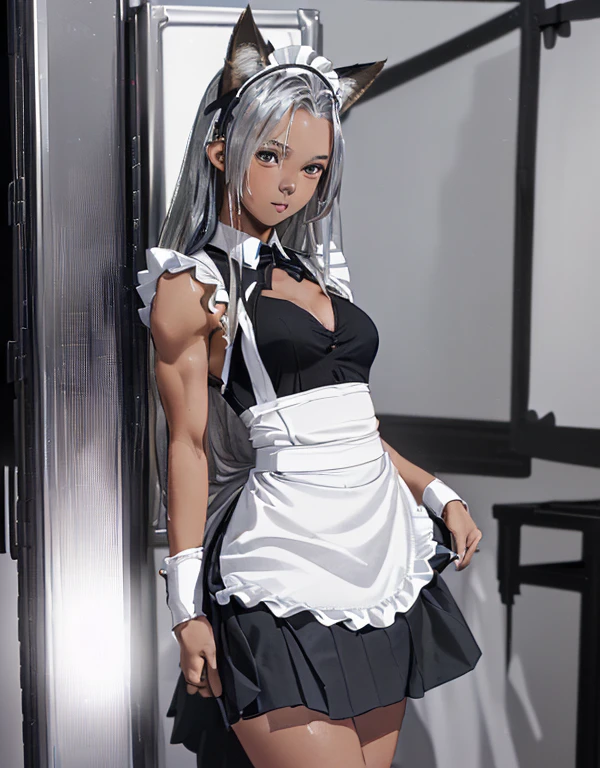(8k, Realistic, RAW Photos, Highest quality: 1.3), (Fox Girl, Fox Ears, One Girl, Long Hair, Alone on the screen, dark skin, High definition, (boyish, Silver color very long hair), high resolution:1.6), とてもbeautiful, (Realistic Face), (maid apron, Black and white clothes, skirt:1.6), (Body measurements are 75-60-75!, Young girl body, Small breasts, skirt hold, slender, muscle:1.9), A brilliance that captivates the viewer, beautiful expression, beautiful breasts, (Realistic Skin), beautiful..., bent over
