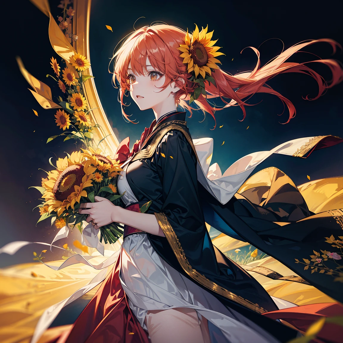 (Anime female wearing graduation gown, holding a bouquet of sunflowers