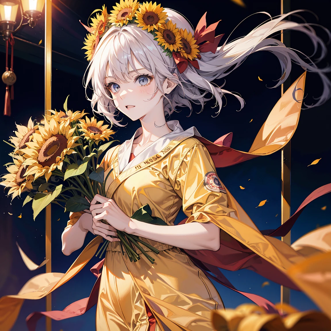 (Anime female wearing graduation gown, holding a bouquet of sunflowers