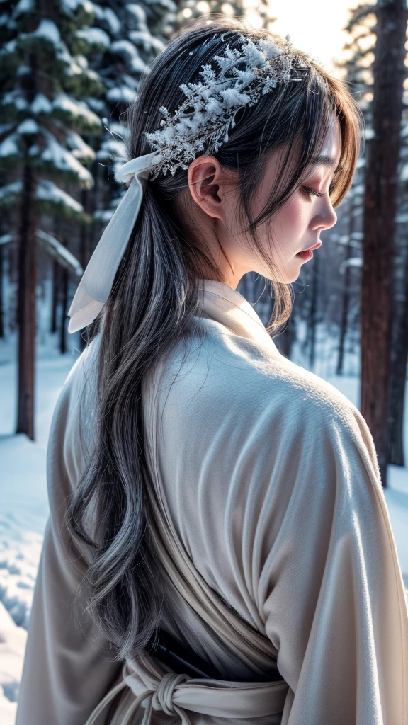 Snow Woman、Gray Hair、White kimono、long hair、cry、tears、Back view、Pale skin、forest、night、dark、No lighting