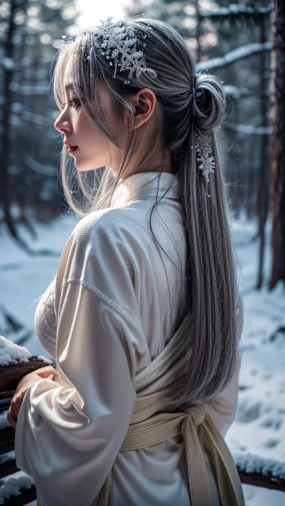 Snow Woman、Gray Hair、White kimono、long hair、cry、tears、Back view、Pale skin、forest、night、dark、No lighting