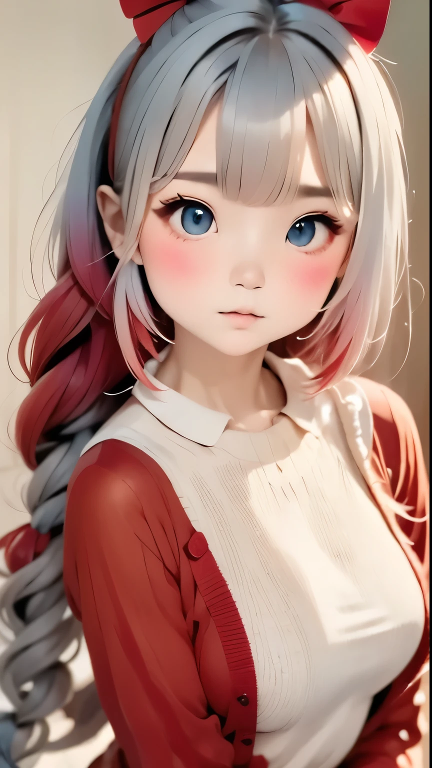 masterpiece:1.5、Highest quality、Ultra-high resolution、Very detailed、８ｋ、(((Gray Hair、Red hair tips:1.2)))、(((Beautiful gradient hair:1.2)))、One Girl、、Katyusha with a big red ribbon、Cute Face、Attractive look、２２talent、Natural look、dress down、Casual costume、Simple Background、Blurred Background、