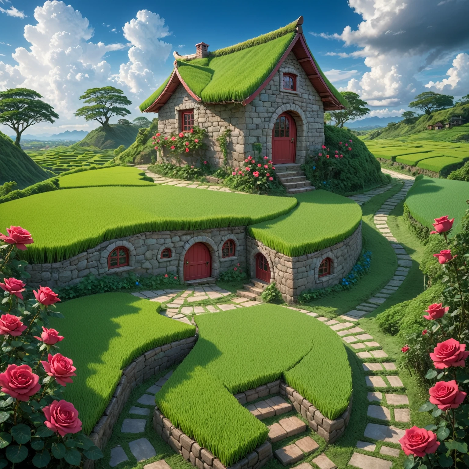 Masterpiece, high quality, a beautiful picture depicts a fairy tale world about green, rose hut, fairyland, terraced fields around the house, blue rose flowers, green rice fields, red sky, grey clouds, Hayao Miyazaki, perfect sy symmetrical composition, stone bricks floor
