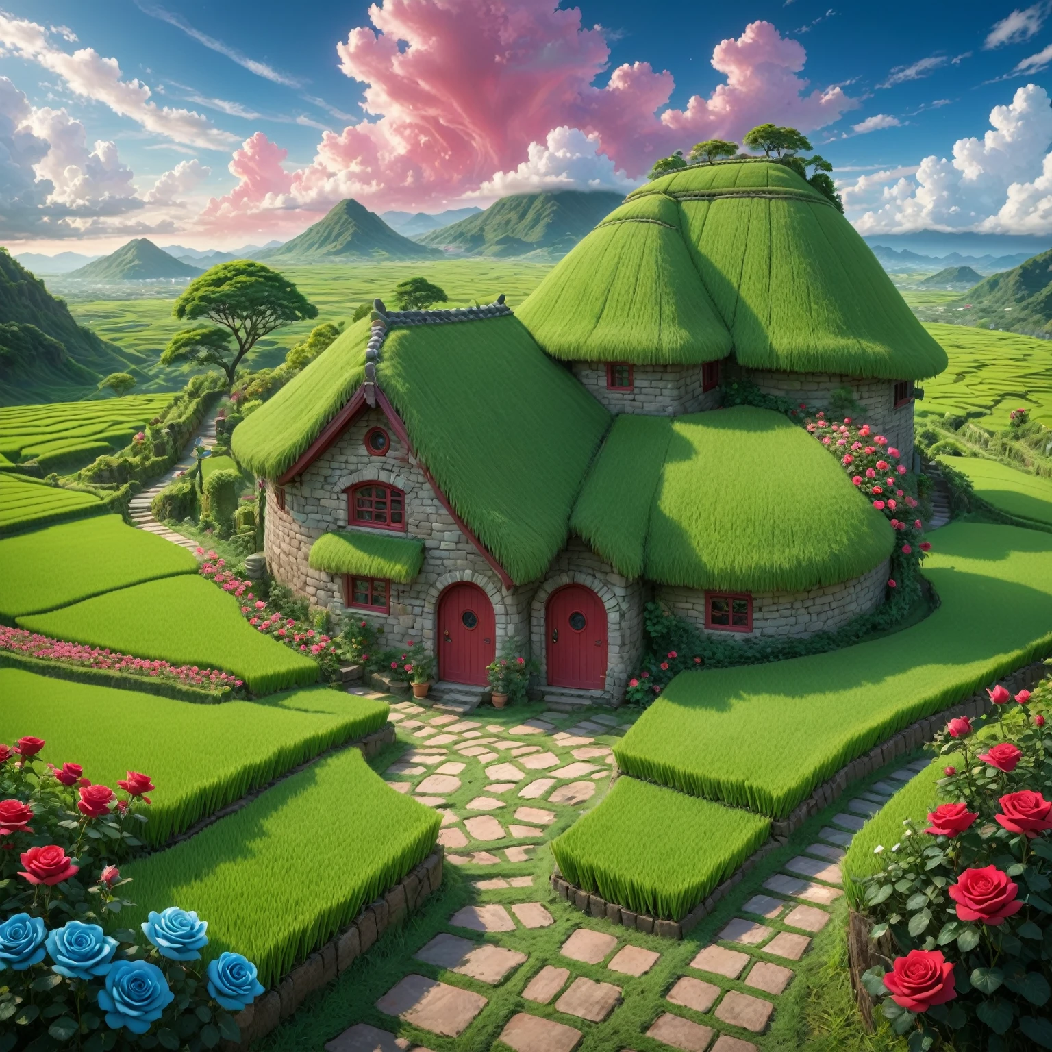 Masterpiece, high quality, a beautiful picture depicts a fairy tale world about green, rose hut, fairyland, terraced fields around the house, blue rose flowers, green rice fields, red sky, grey clouds, Hayao Miyazaki, perfect sy symmetrical composition, stone bricks floor