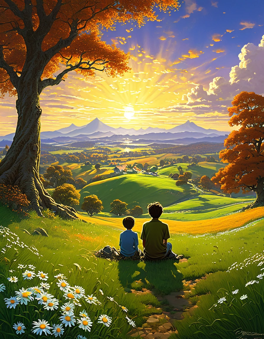 anime masterpiece: Create an image of a watchman., sunlit rural scene in vibrant, detailed anime style. The scene is a boy sitting next to a tree in an autumn meadow., looking at a vast golden sky with white clouds, an incredible sunset, tall green grass, daisy flowers, ULTRA Style Kilian Eng and Thomas Kinkade, Rob Gonsalves y Tim White. , silvain sarriel. Rhads y Thomas Kinkade, inspirado en Rhads, cyril rolando and m.I&#39;m confused, cyril rolando and m. I&#39;m confused, Rhads!!!