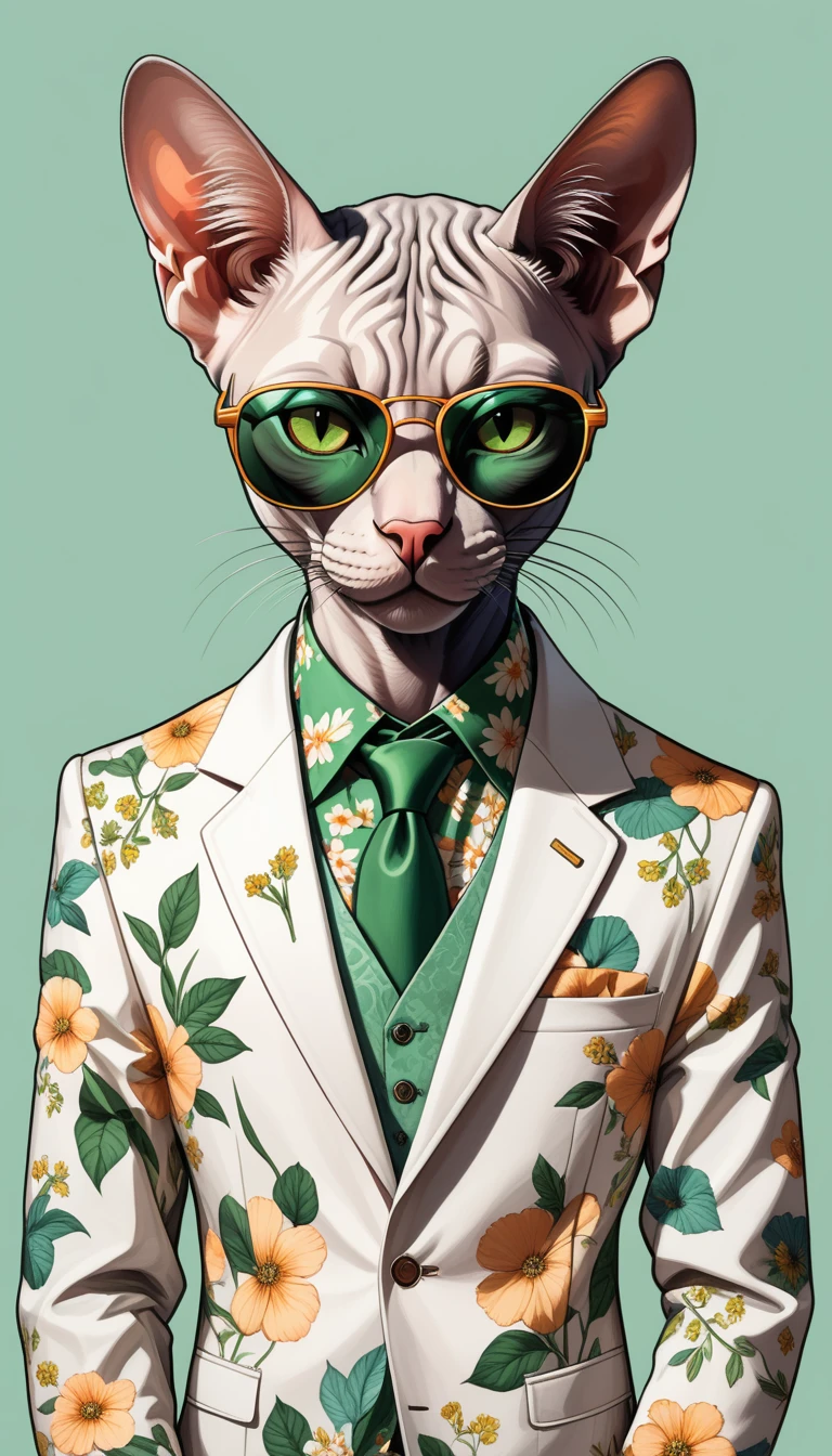 This illustration shows a black Sphynx cat wearing a floral shirt and white floral suit with sunglasses. This illustration is done in a flat illustration style with pastel watercolour and hand-drawn digital paintings in rich detail and soft light, depicting the animal's head and body, with bright green flowers in the background