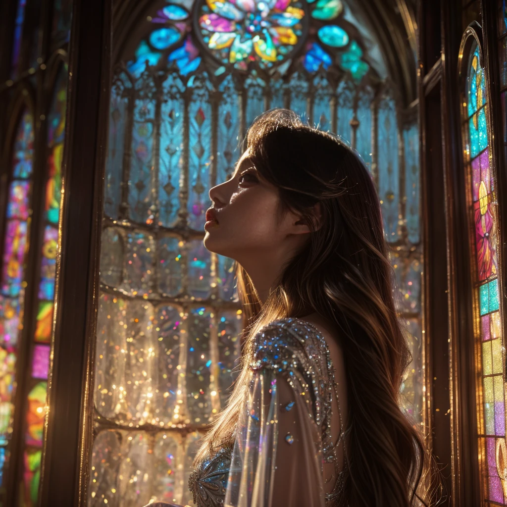  (Cathedral from below:1.28) (ZoomLayer) TopQuality 8K masterpiece of ((Professional photo)), (((Clarisse de Cagliostro))) (Detailed White WeddingDresses), Chain, (((Extremely detailed KAWAII face))) {((VeiledFace))|BlondeHair|(Elaborate BuleEyes)with(SparklingHighlights:1.28)}, The background is distant (((Elaborate stained glass))) Rainbow Glass, {(MysticSight)|EnchantingAtmosphere|Haze|(GodRays)|TyndallEffect}, Radiant PearlSkin with Transparency, (Exposed:0.39)