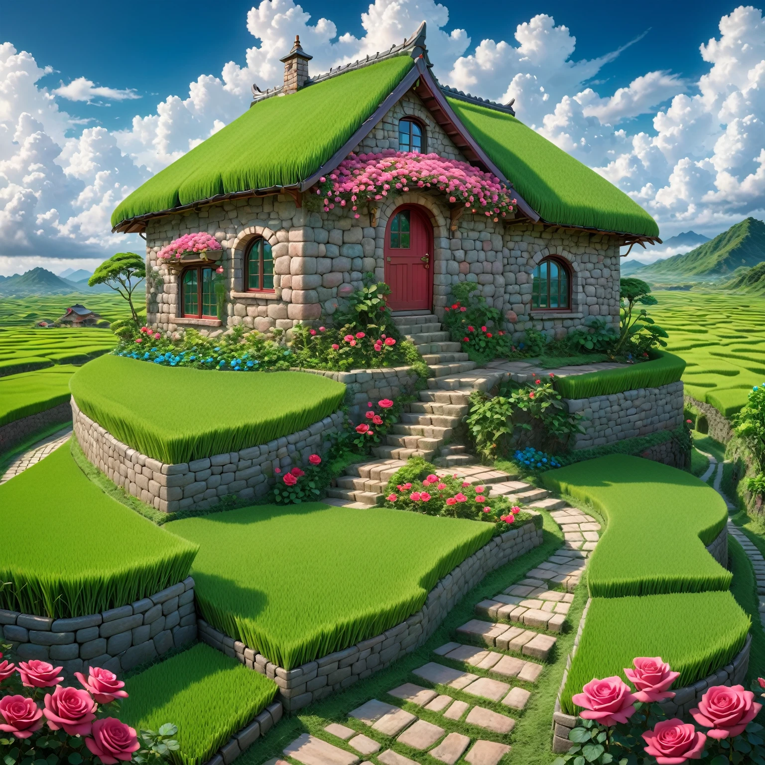 Masterpiece, high quality, a beautiful picture depicts a fairy tale world about green, rose hut, fairyland, terraced fields around the house, blue rose flowers, green rice fields, red sky, grey clouds, Hayao Miyazaki, perfect sy symmetrical composition, stone bricks floor