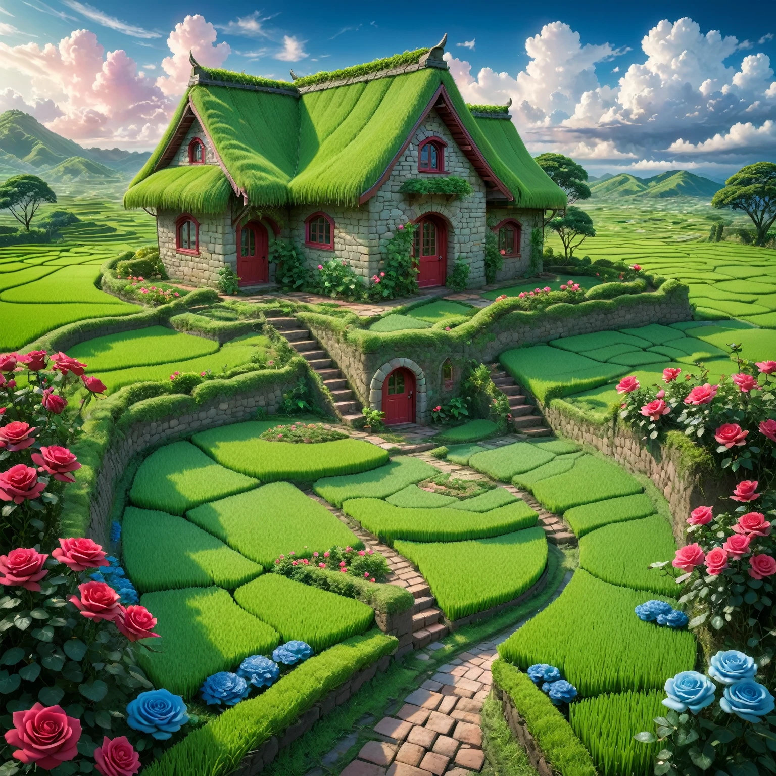 Masterpiece, high quality, a beautiful picture depicts a fairy tale world about green, rose hut, fairyland, terraced fields around the house, blue rose flowers, green rice fields, red sky, grey clouds, Hayao Miyazaki, perfect sy symmetrical composition, stone bricks floor
