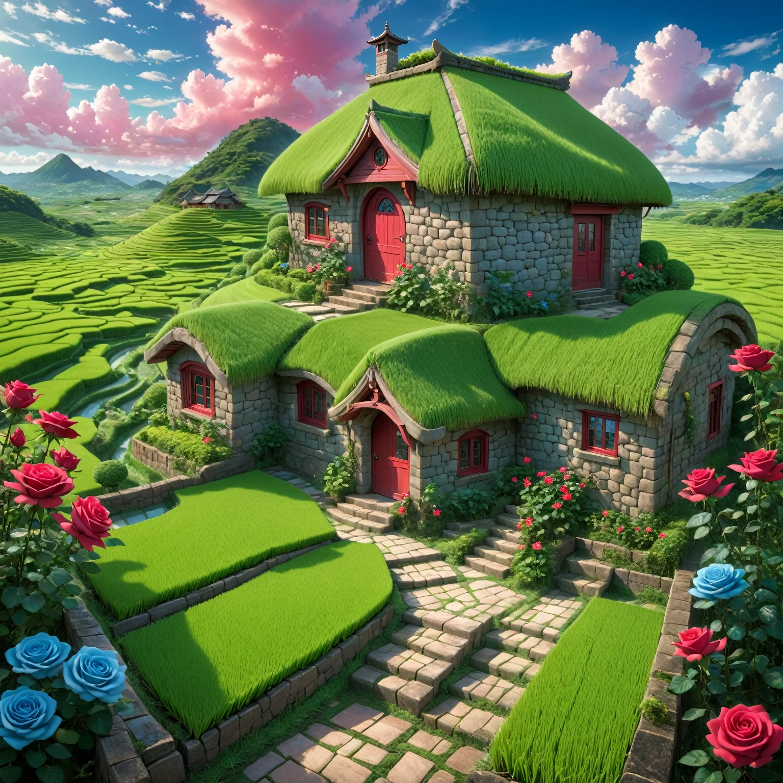 Masterpiece, high quality, a beautiful picture depicts a fairy tale world about green, rose hut, fairyland, terraced fields around the house, blue rose flowers, green rice fields, red sky, grey clouds, Hayao Miyazaki, perfect sy symmetrical composition, stone bricks floor