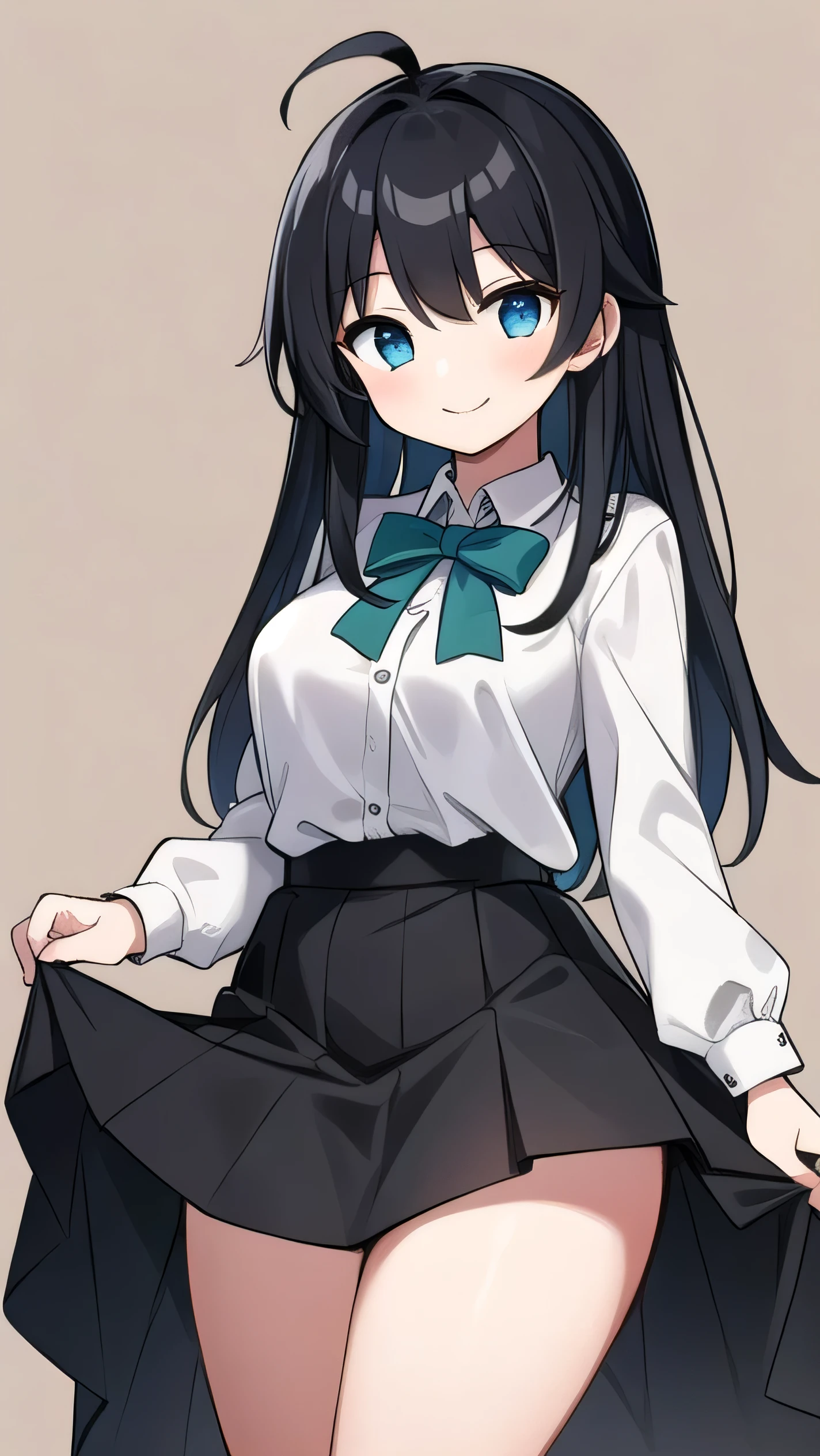 Junior high school student who looks like an elementary school student, 14 years old, very short, 140cm tall, black hair with a slight green tinge, short ahoge, beautiful long hair but with a little hair sticking out, beautiful round eyes, blue eyes, smile, boyish, long sleeves , thick clothes, skirt, big breasts, hair longer than waist, long hair, young face, dark greenish black hair, gentle smile, a little shy, skirt is black, hair is black but has a slight green tinge, boyish and gentle smile I have.
