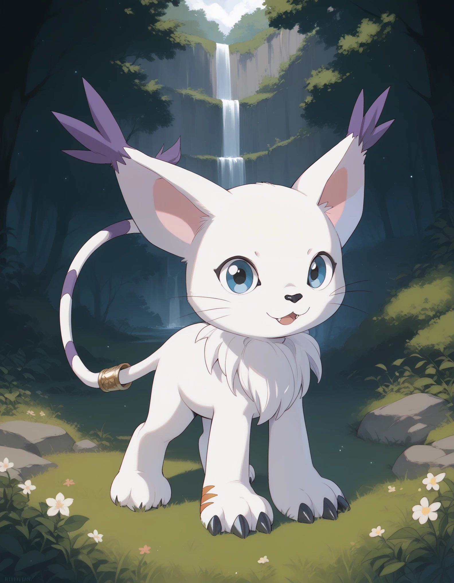  source_furry, absurdres, masterpiece, outstanding,, GATOMON, TAIL RING, RINGLESS, solo, digimon, in a forest, blue eyes, 