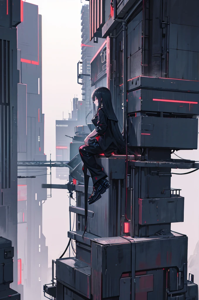 girl with long black hairs and black long shirt standing on the peak of rooftop building at night, sad expression, seen from behind, cyberpunk city