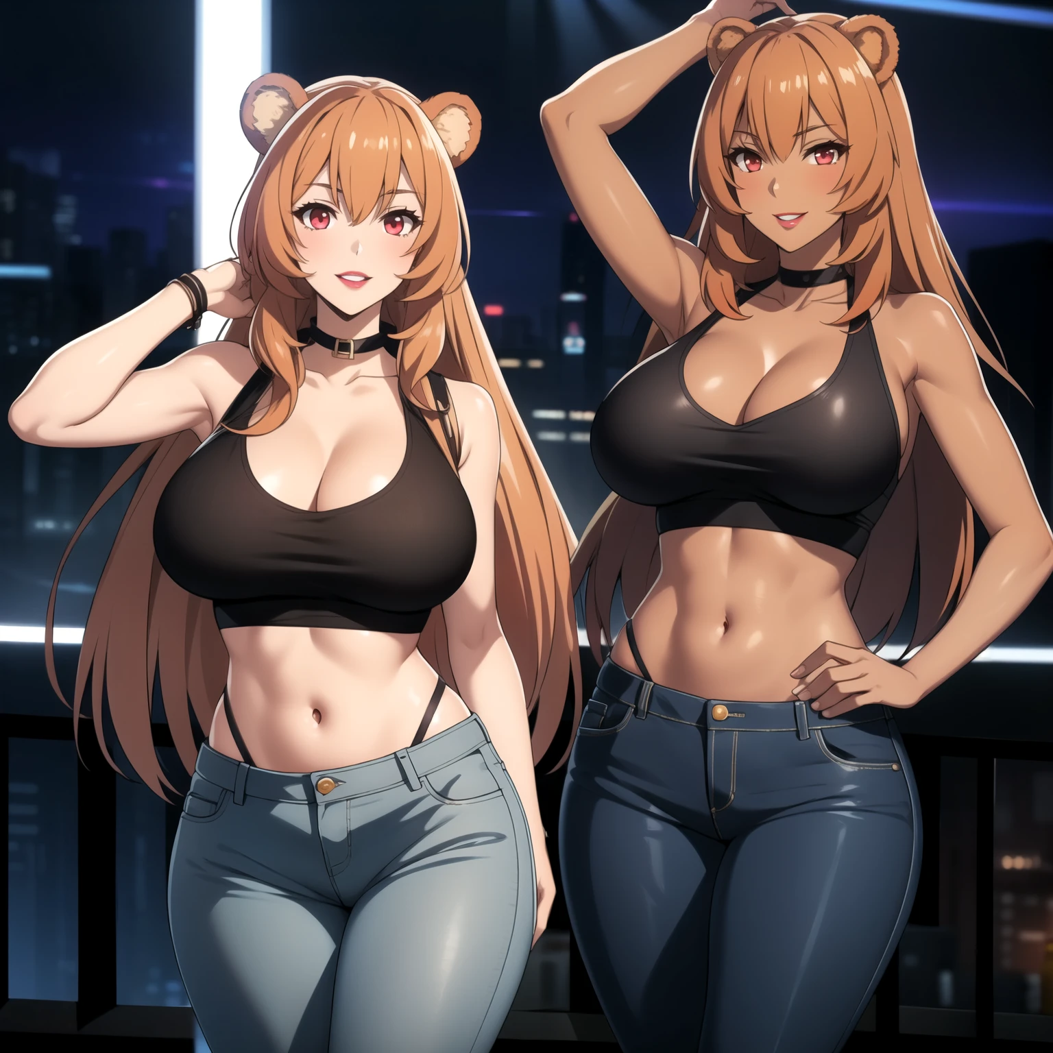 Raphtalia woman 35 years old floating straight orange hair , rounded bear ears, red eyes like ruby, big breasts, Dark skin, tanned skin, low-cut clothing, low cut black top, Tight jeans, Painted lips, fondo una nightclub. nightclub, smile.