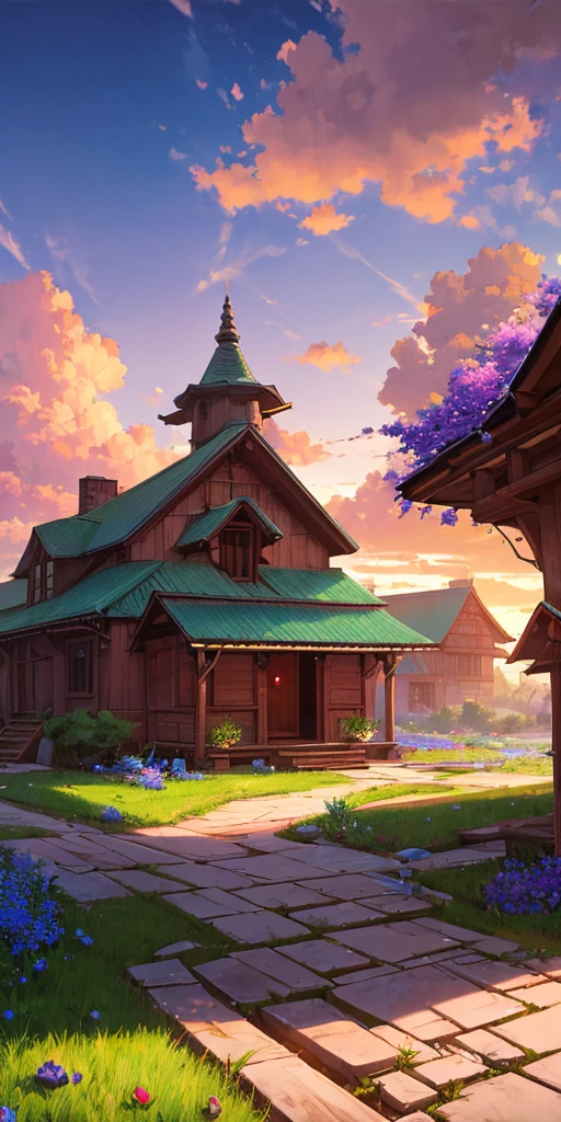 Masterpiece, high quality, a beautiful picture depicts a fairy tale world about green, rose hut, fairyland, terraced fields around the house, blue rose flowers, green rice fields, red sky, grey clouds, Hayao Miyazaki, perfect sy symmetrical composition, stone bricks floor