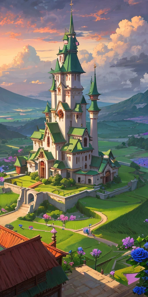 Masterpiece, high quality, a beautiful picture depicts a fairy tale world about green, rose hut, fairyland, terraced fields around the house, blue rose flowers, green rice fields, red sky, grey clouds, Hayao Miyazaki, perfect sy symmetrical composition, stone bricks floor