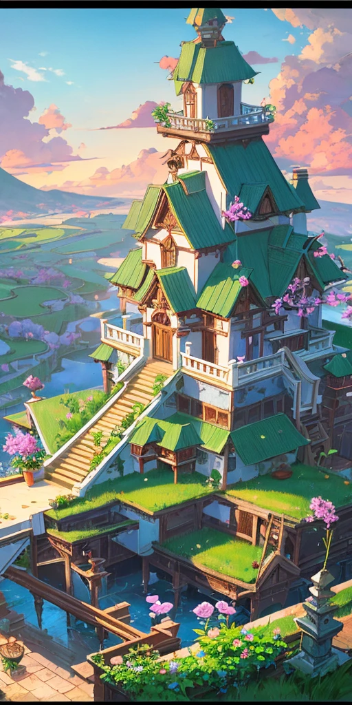 Masterpiece, high quality, a beautiful picture depicts a fairy tale world about green, rose hut, fairyland, terraced fields around the house, blue rose flowers, green rice fields, red sky, grey clouds, Hayao Miyazaki, perfect sy symmetrical composition, stone bricks floor