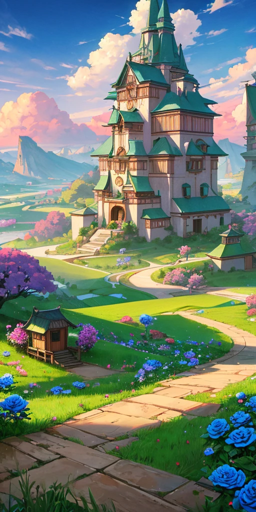 Masterpiece, high quality, a beautiful picture depicts a fairy tale world about green, rose hut, fairyland, terraced fields around the house, blue rose flowers, green rice fields, red sky, grey clouds, Hayao Miyazaki, perfect sy symmetrical composition, stone bricks floor