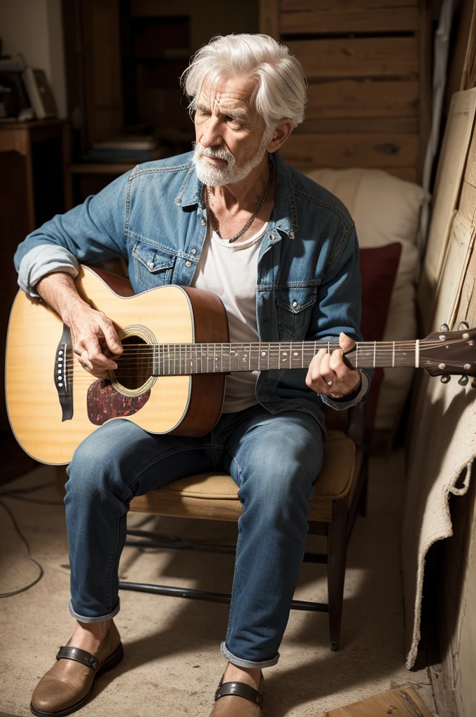 An old rocker, sunk in a shabby armchair, strum your guitar. He&#39;s in his dark dusty wooden cabin. Little light enters through the window cracks, showing dirty dishes in the sink. on the ground, some random objects. Analog light, cinematic, realisitic.